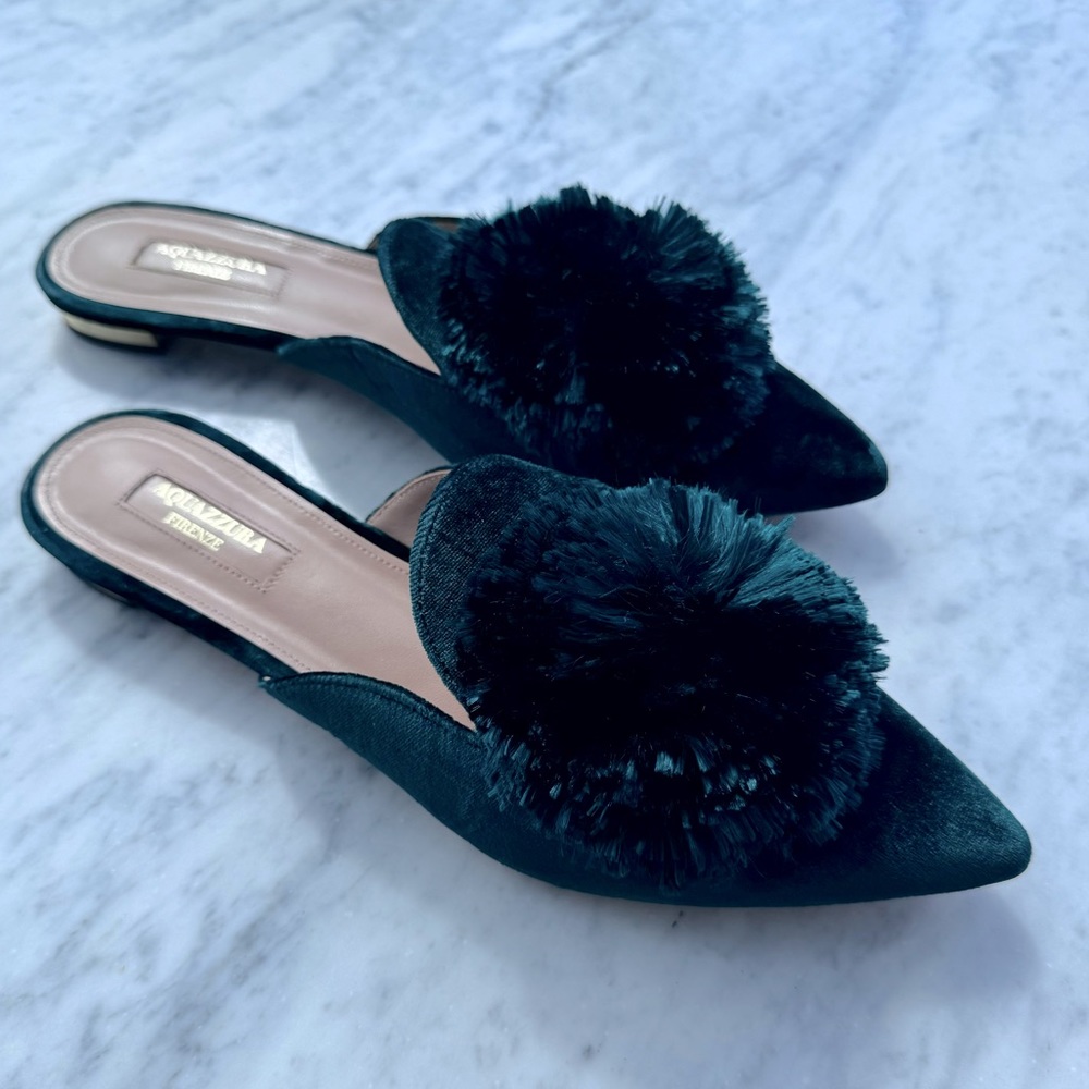 Aquazzura Powder Puff Velvet Mule, Sz 38.5, Emerald Green